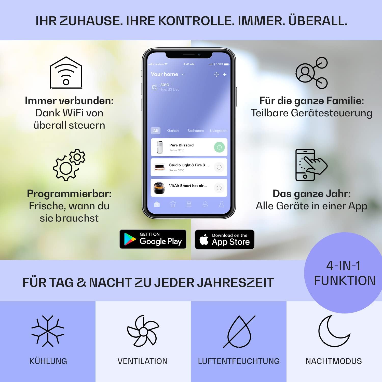 Klarstein Mobile Klimaanlage mit Abluftschlauch, 4-in-1 Klimagerät mit Ventilator, Luftentfeuchter & Nachtmodus, Kleine & Portable Klimaanlage für Wohnung & Büro, Niedriger Verbrauch, 9000 BTU