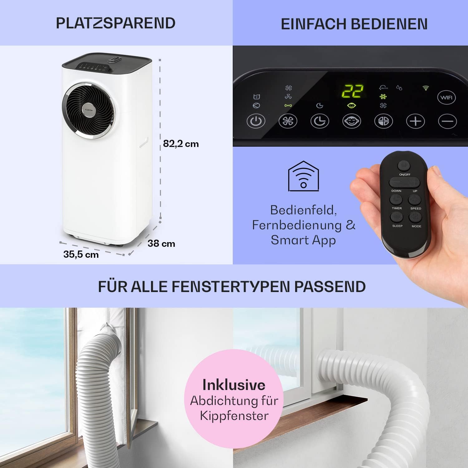 Klarstein Mobile Klimaanlage mit Abluftschlauch, 5-in-1 Klimagerät, Ventilator, Luftentfeuchter, Luftreiniger & Nachtmodus, App-Steuerung, Kleine & Portable, für Wohnung & Büro, 12000 BTU