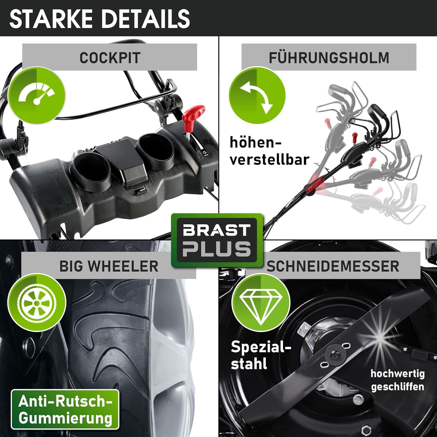 BRAST® Benzin Rasenmäher mit Antrieb | 5,2kW (7PS) | 55cm Schnittbreite | viele Modelle | TÜV | 30-80mm Schnitthöhe | 60L Fangkorb | 4 Takt OHV Motor | Stahlgehäuse | Power