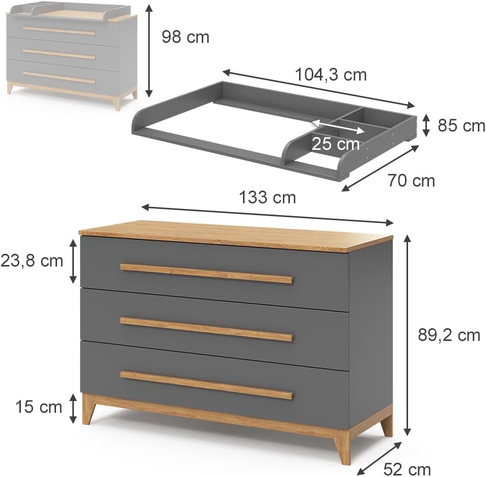 VitaliSpa Wickelkommode Malia, Weiß/Eiche, 133 x 98 cm XL mit 3 Schubladen