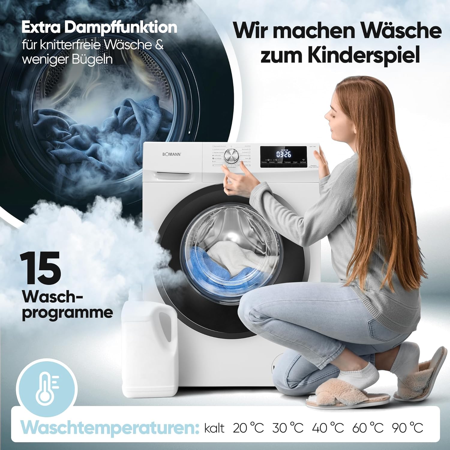 Bomann® Waschtrockner | Waschen und Trocknen in einem Durchgang | 8 kg Waschen, 5 kg Trocknen | Invertermotor | 1400 U/Min | Dampffunktion | Waschmaschine mit Trockner integriert | WAT 7186 weiß