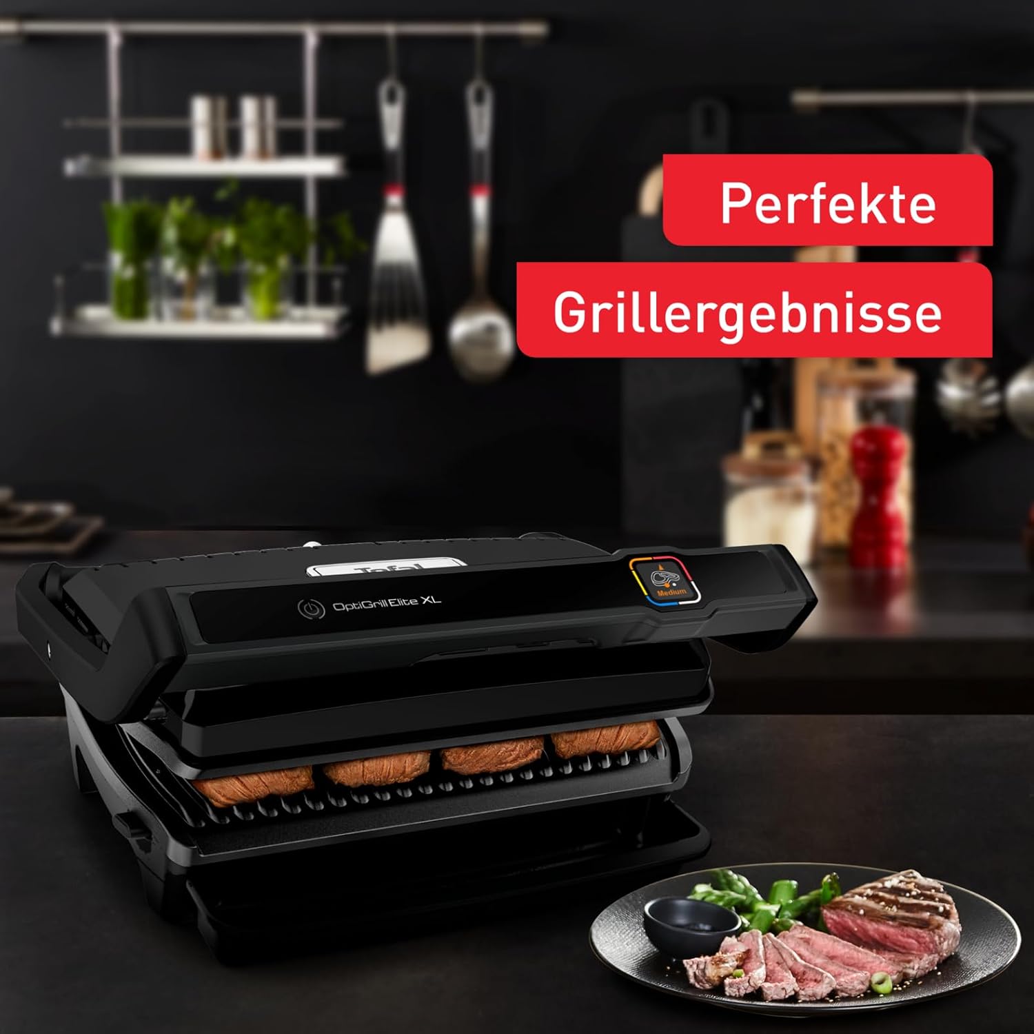 Tefal OptiGrill Elite XL Kontaktgrill, automatische Garzeitanpassung, perfekte Ergebnisse, 16 Programme, digitales Display mit Garstufenanzeige, abnehmbare XL-Platten, Elektrogrill, schwarz, GC760812