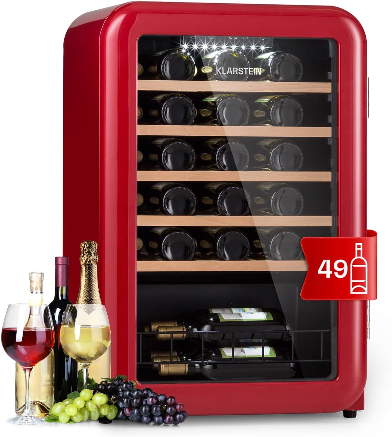 Klarstein Weinkühlschrank, Getränkekühlschrank Schmal, Kühlschrank mit Glastür, Getränkekühlschränke Freistehend, Weinkühlschrank Klein, Weinkühlschränke 1 Zone, UV-Schutz, 4-22 °C, 19 Flaschen