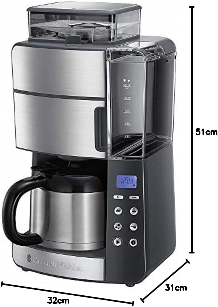 Russell Hobbs Kaffeemaschine mit Mahlwerk Thermokanne [Digitaler Timer, Brausekopf für opt. Extraktion & Aroma] Grind&Brew (max 10 Tassen, 3-stufige Mahlgradeinstellung) Filterkaffeemaschine 25620-56