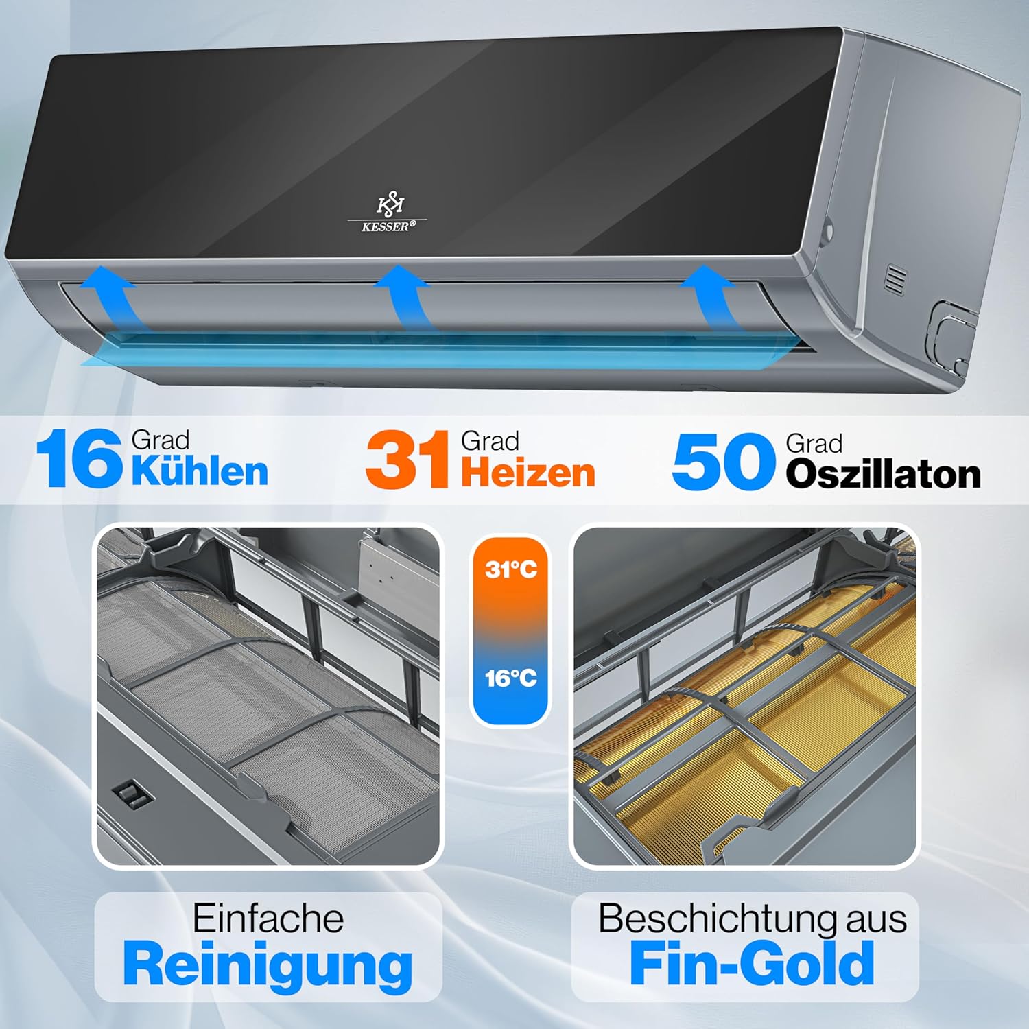 KESSER Klimaanlage Set Split - mit WiFi/App Funktion Klimagerät - Kühlen A++/ Heizen A+ - 9000 BTU/h (2.600 Watt) Kältemittel R32 - Fernbedienung, Timerfunktion - Inkl. komplettem Montagematerial