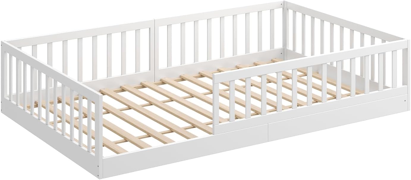 CADANI Timi 2in1 Bodenbett 140x200 cm Montessori Kinderbett mit abnehmbaren Rausfallschutz inkl. Lattenrost, Kiefer Massivholz, weiß - 3 Aufbauvarianten, bis 200 kg belastbar, umbaubar