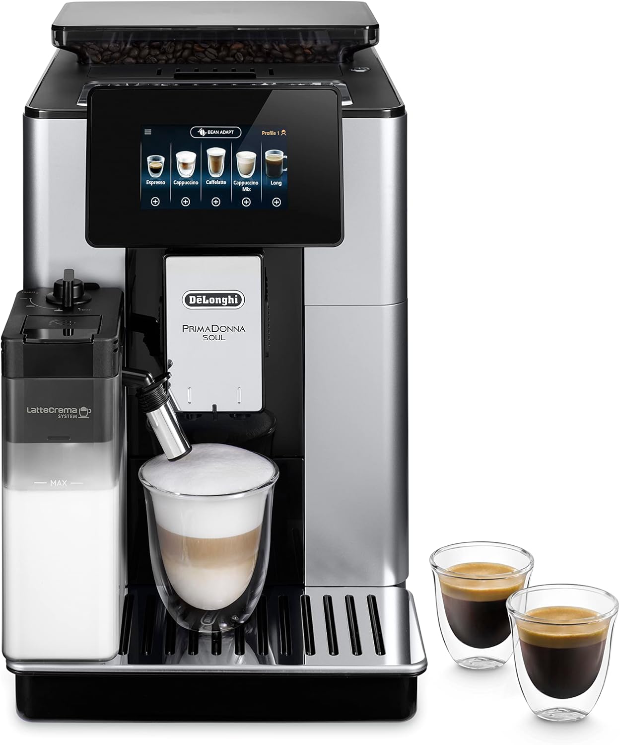 De'Longhi PrimaDonna Soul Perfetto ECAM 612.55.SB Kaffeevollautomat mit LatteCrema Milchsystem und Bean Adapt Technologie, 18 Rezepte, mit Farbdisplay- App-Steuerung, Silber/Schwarz