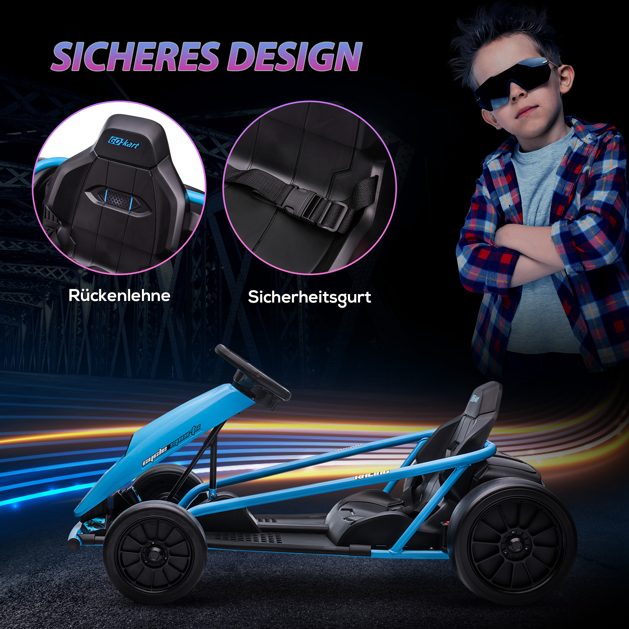 HOMCOM Elektro-Gokart für Kinder, Drift-Funktion, Hupe, Musik, Sicherheitsgurt, Soft-Start, Blau/Schwarz
