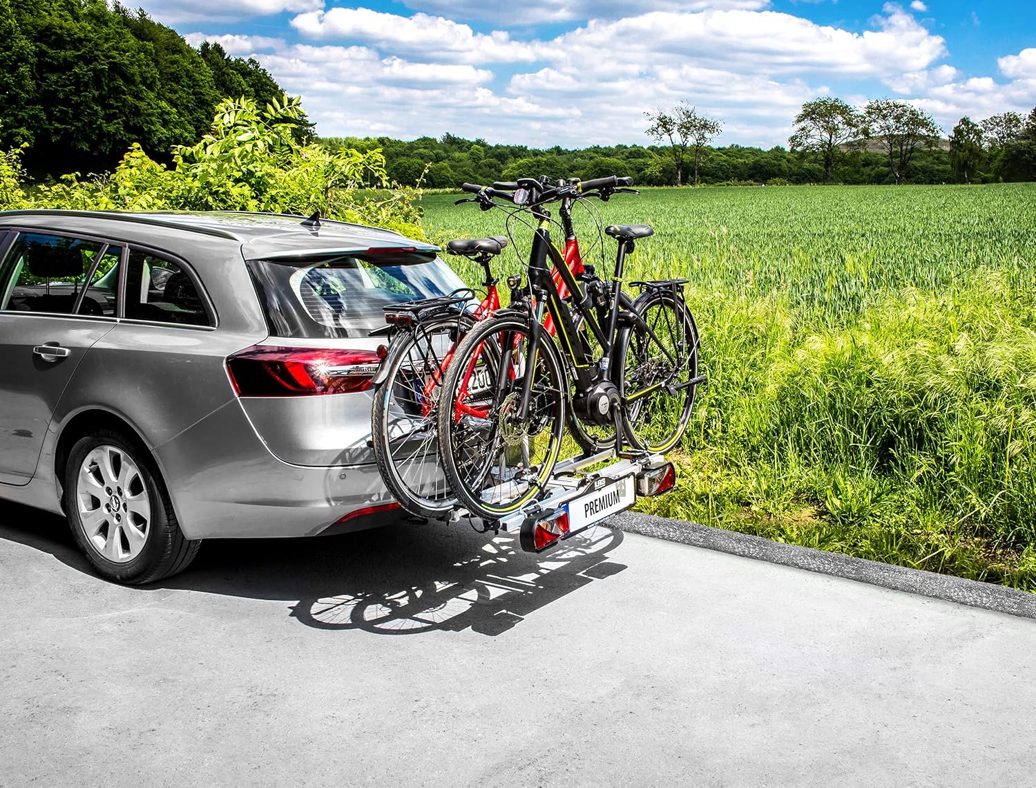 EUFAB 12010LAS Fahrradträger POKER-F, E-Bike geeignet, komplett vormontiert, Diebstahlschutz, für 2 Fahrräder, für Anhängerkupplung, Schwarz, 142 x 70 x 58 cm