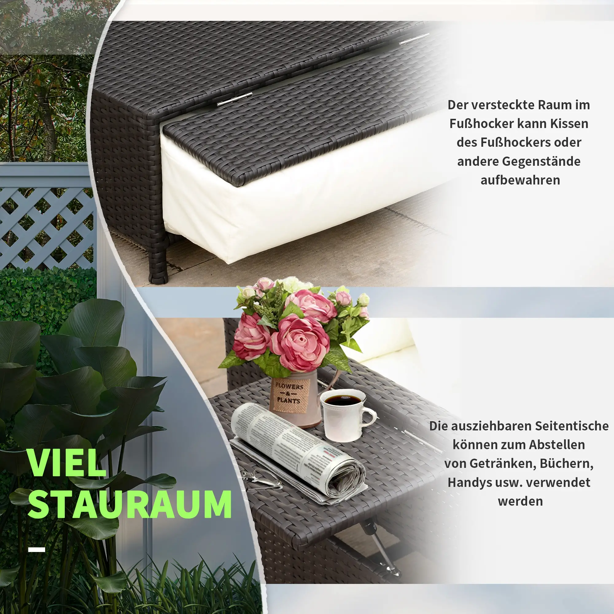 Outsunny Polyrattan Gartensofa 2in1 mit Hocker Stauraum Outdoor