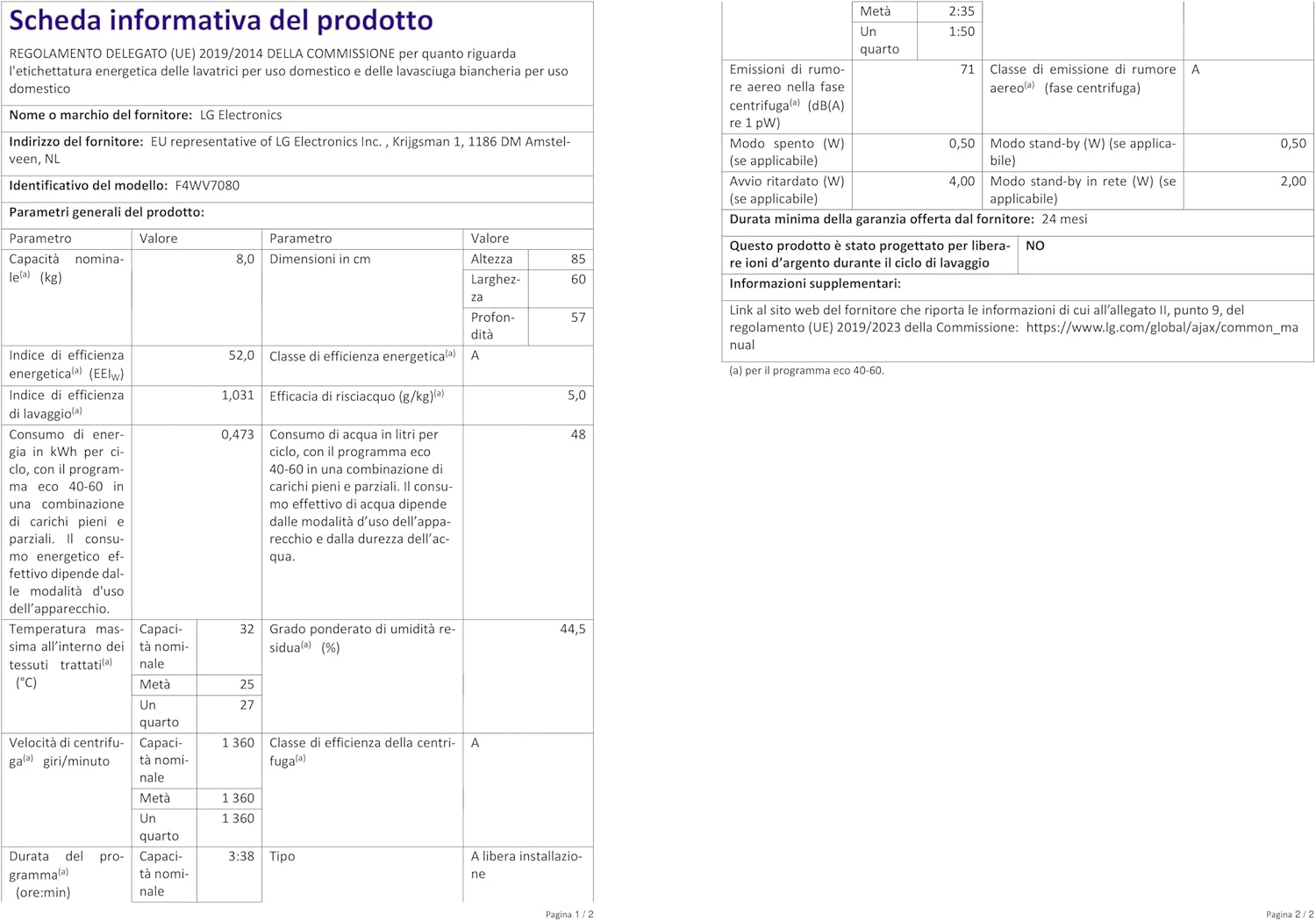 LG F4WV7080, Klasse A, Frontlader-Waschmaschine 8 kg, 1400 U/Min, AI Direct Drive, Wi-Fi, Tiefenreinigung mit Dampf, Groe Kapazitt, TRIPLE A, Auentür aus Sicherheitsglas, 62 x 60 x 85 cm Wei