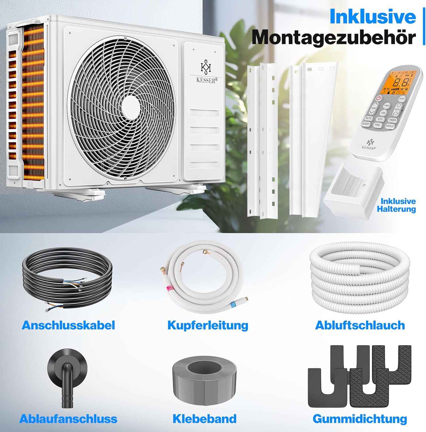 KESSER Klimaanlage Set Split - mit WiFi/App Funktion Klimagerät - Kühlen A++/ Heizen A+ - 9000 BTU/h (2.600 Watt) Kältemittel R32 - Fernbedienung, Timerfunktion - Inkl. komplettem Montagematerial