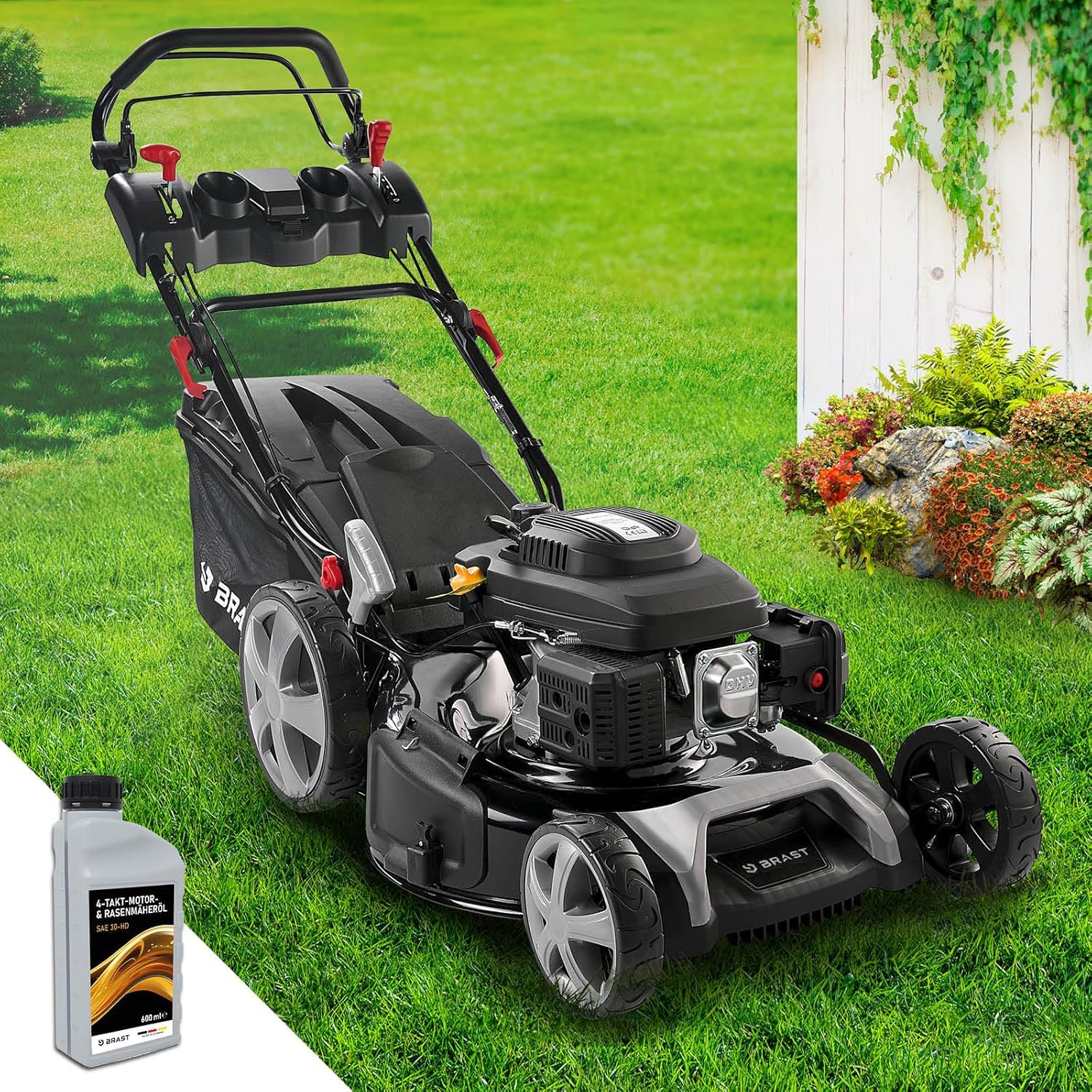 BRAST Benzin Rasenmäher mit Antrieb | 5,2kW (7PS) | 55cm Schnittbreite | viele Modelle | TÜV | 30-80mm Schnitthöhe | 60L Fangkorb | 4 Takt OHV Motor | Stahlgehäuse | Power