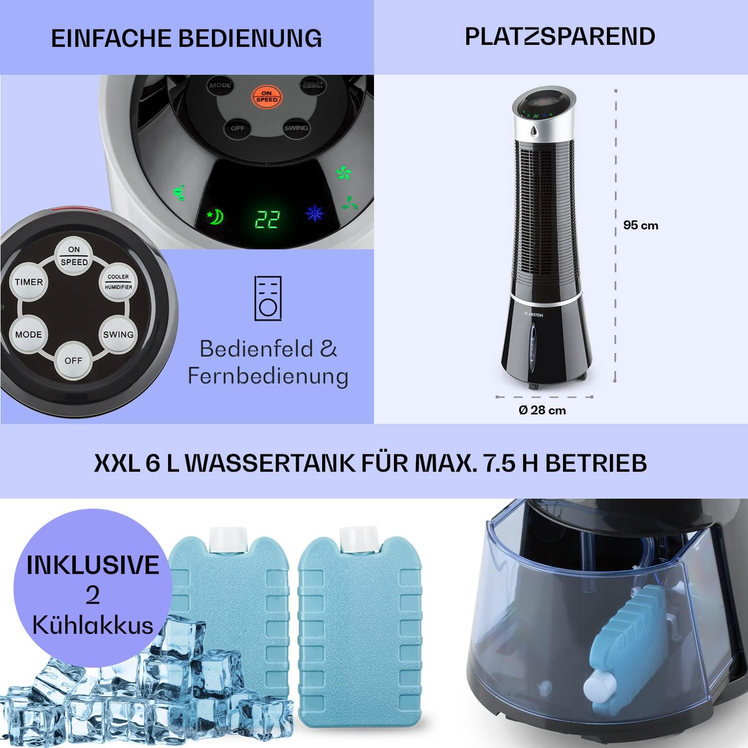 Klarstein 4-in-1: Smart Luftkühler, Ventilator, Luftbefeuchter & Ionisation I 6 L Wassertank, Oszillation, 30 W, 210 m³/h, Timer I Klimagerät ohne Abluftschlauch, Mobiles Klimagerät, Schwarz-Rosegold