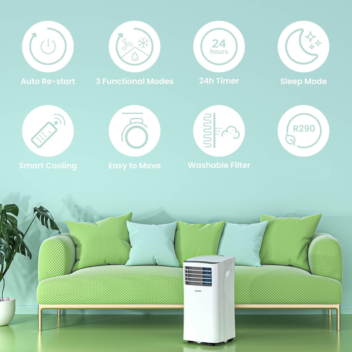 Comfee Mobiles Klimagerät Breezy Cool Pro 2.6,9000 BTU 2,6kW, Kühlen&Ventilieren&Entfeuchten,APP-Steuerung,Raumgröße bis 88m³(33㎡),Mobile Klimaanlage mit Abluftschlauch