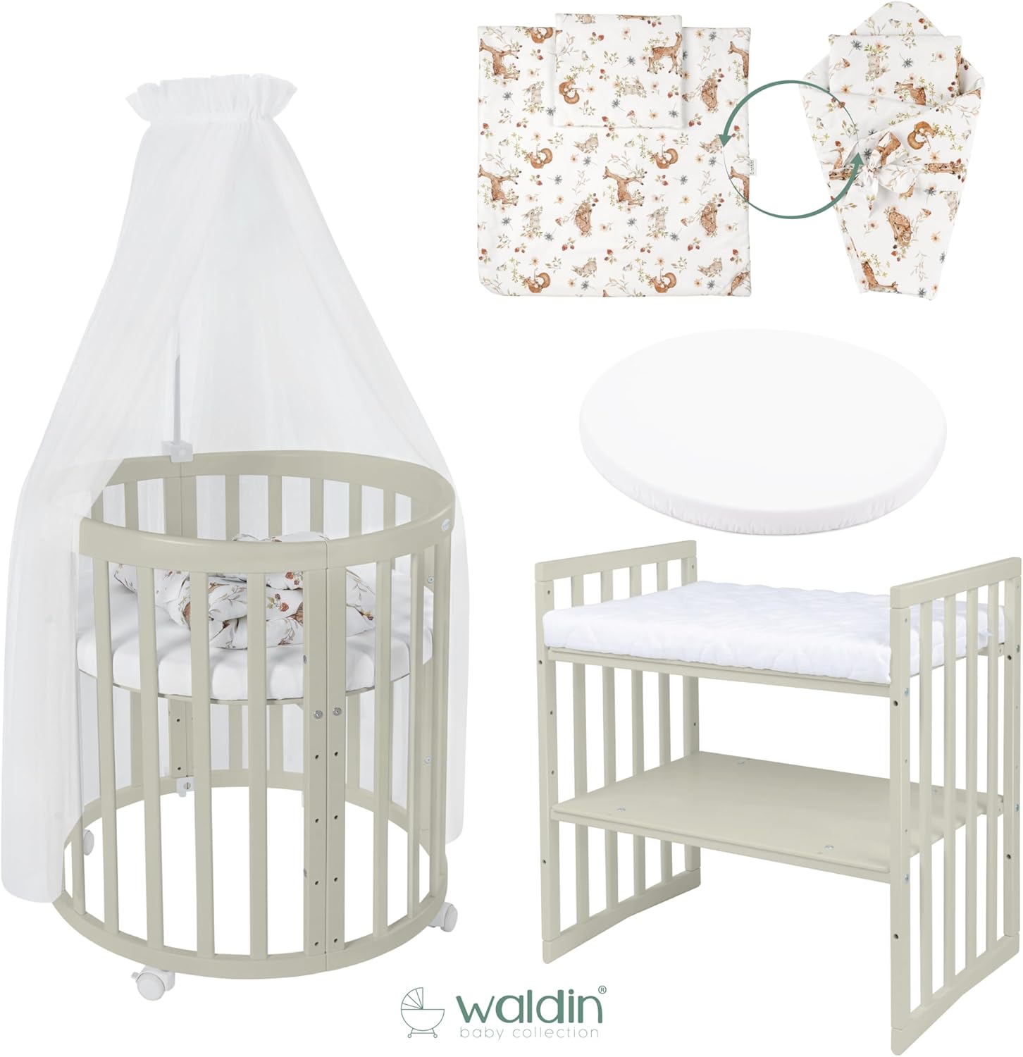 Waldin Oval Baby-Bett Mitwachsend Komplett Set 7in1, Gitterbett, Kinderbett mit Matratze, Wickelkommode, Beistellbett, Holz Weiß