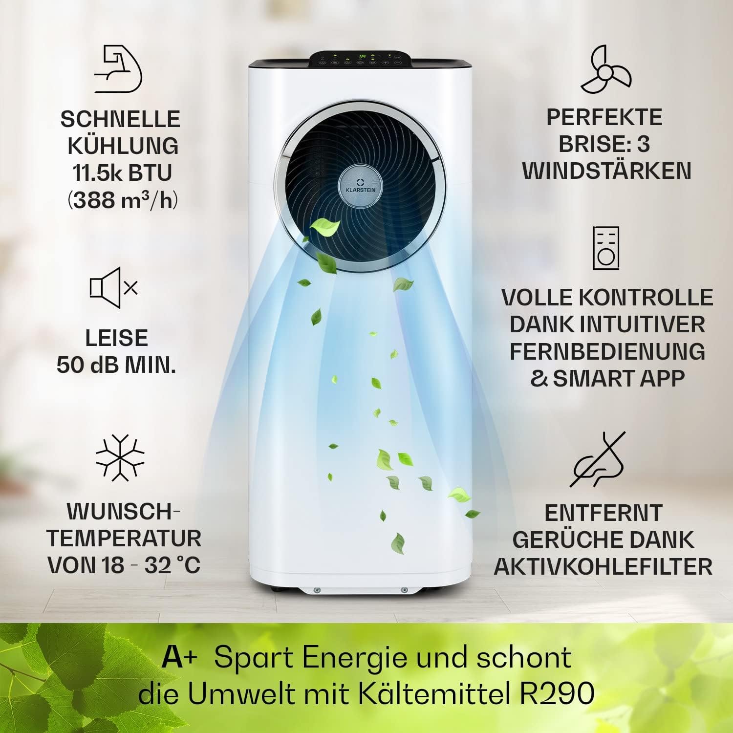 Klarstein Mobile Klimaanlage mit Abluftschlauch, 5-in-1 Klimagerät, Ventilator, Luftentfeuchter, Luftreiniger & Nachtmodus, App-Steuerung, Kleine & Portable, für Wohnung & Büro, 12000 BTU