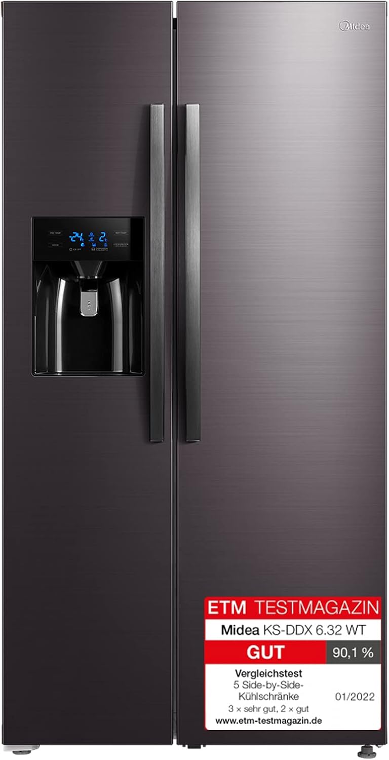 Midea KS-DDX 6.32 WT Side-by-Side Kühl-/Gefrierkombination/ 178,8 cm Hhe/ 254 kWh/Jahr/No Frost/Dual Inverter Compressor/mit 3in1 Wasser-/Eisspender und Wassertank, Dark Inox