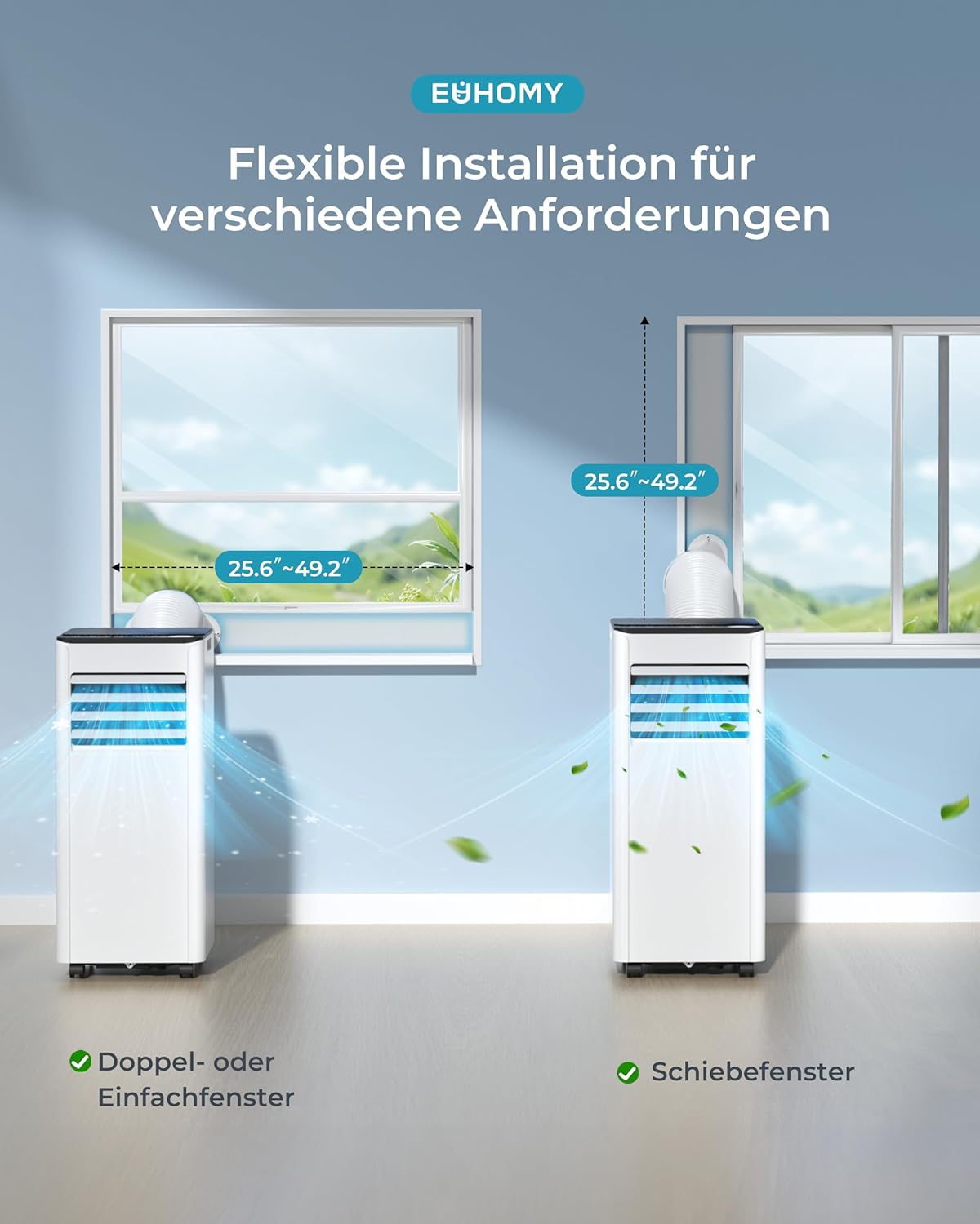 Mobile Klimaanlage 9000 BTU mit Abluftschlauch | 4-in-1 Mobiles Klimagerät | Leiser Betrieb <48 dB | Digitaldisplay + Fernbedienung | Fenster-Installationsset | 24h-Timer | Für Räume bis 25 m²