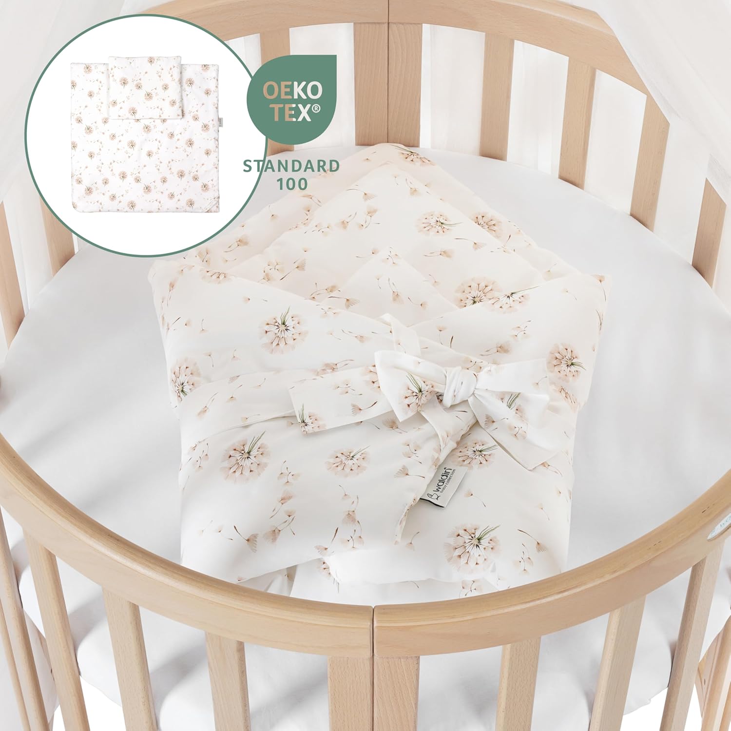 Waldin Oval Baby-Bett Mitwachsend Komplett Set 7in1, Gitterbett, Kinderbett mit Matratze, Wickelkommode, Beistellbett, Holz Weiß