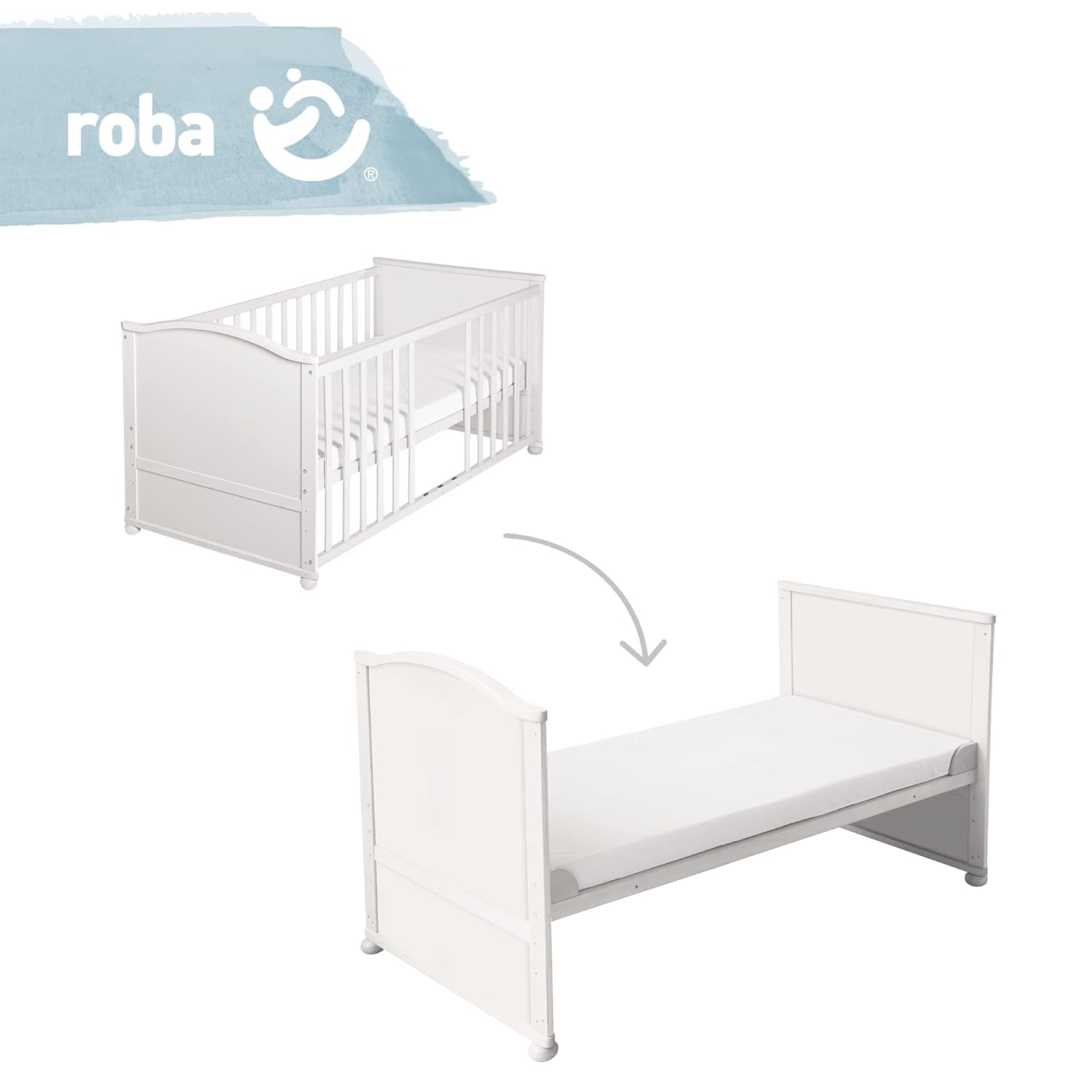 roba Babybett Set Adam & Eule - 70 x 140 cm - Mitwachsendes Kinderbett mit Bettwäsche, Himmel, Matratze - Höhenverstellbar - zu Juniorbett umbaubar - Holz weiß