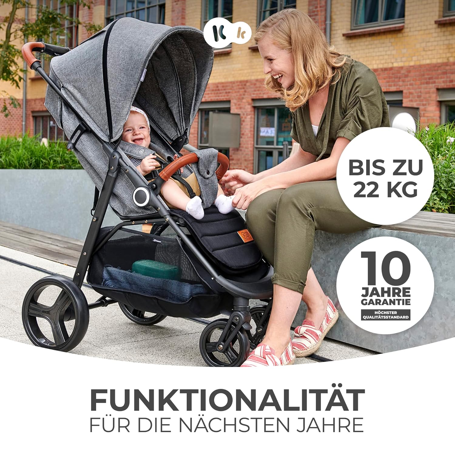 Kinderkraft GRANDE PLUS Kinderkraft buggy von Geburt bis 22 kg, Zusammenklappen mit einer Hand, Liegeposition, großes Verdeck mit Fenster, alle 4 Räder gedämpft, geräumige Sitz, Grau