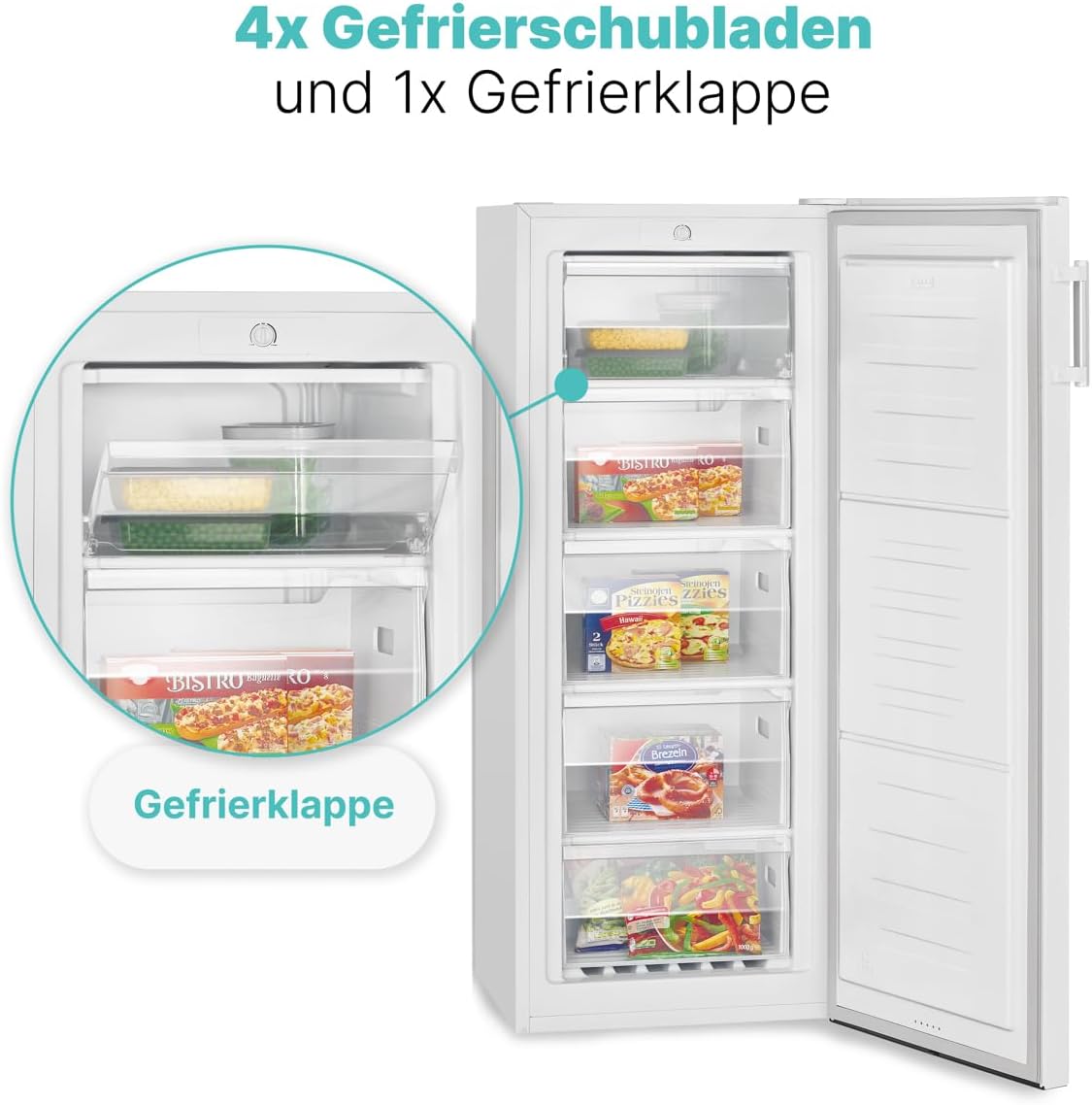 Bomann großer Gefrierschrank freistehend | 165 Liter Nutzinhalt für Lebensmittel | 5 Schubladen | Freezer Eisschrank Froster | wechselbarer Türanschlag inkl. Eiswürfelschale | GS 7317.1 weiß