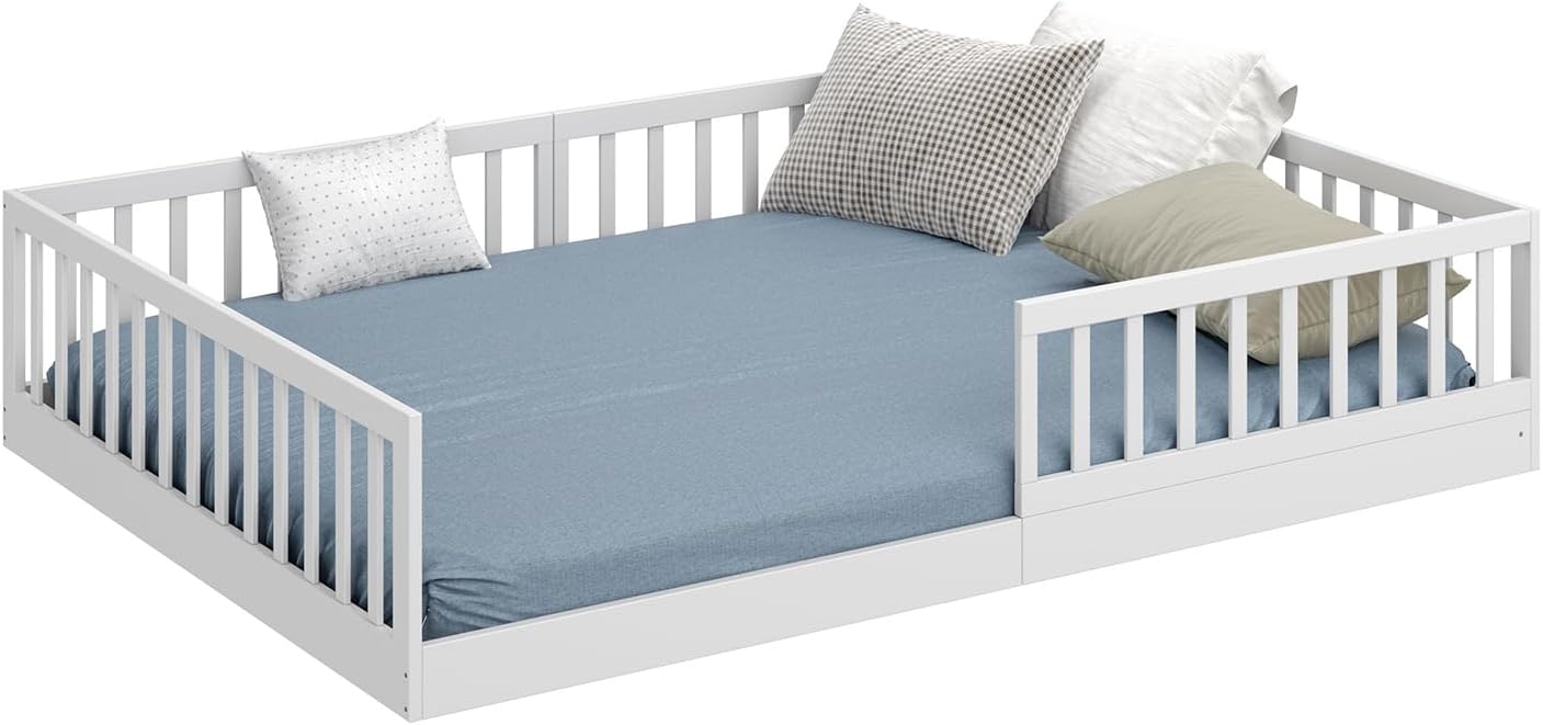 CADANI Timi 2in1 Bodenbett 140x200 cm Montessori Kinderbett mit abnehmbaren Rausfallschutz inkl. Lattenrost, Kiefer Massivholz, weiß - 3 Aufbauvarianten, bis 200 kg belastbar, umbaubar