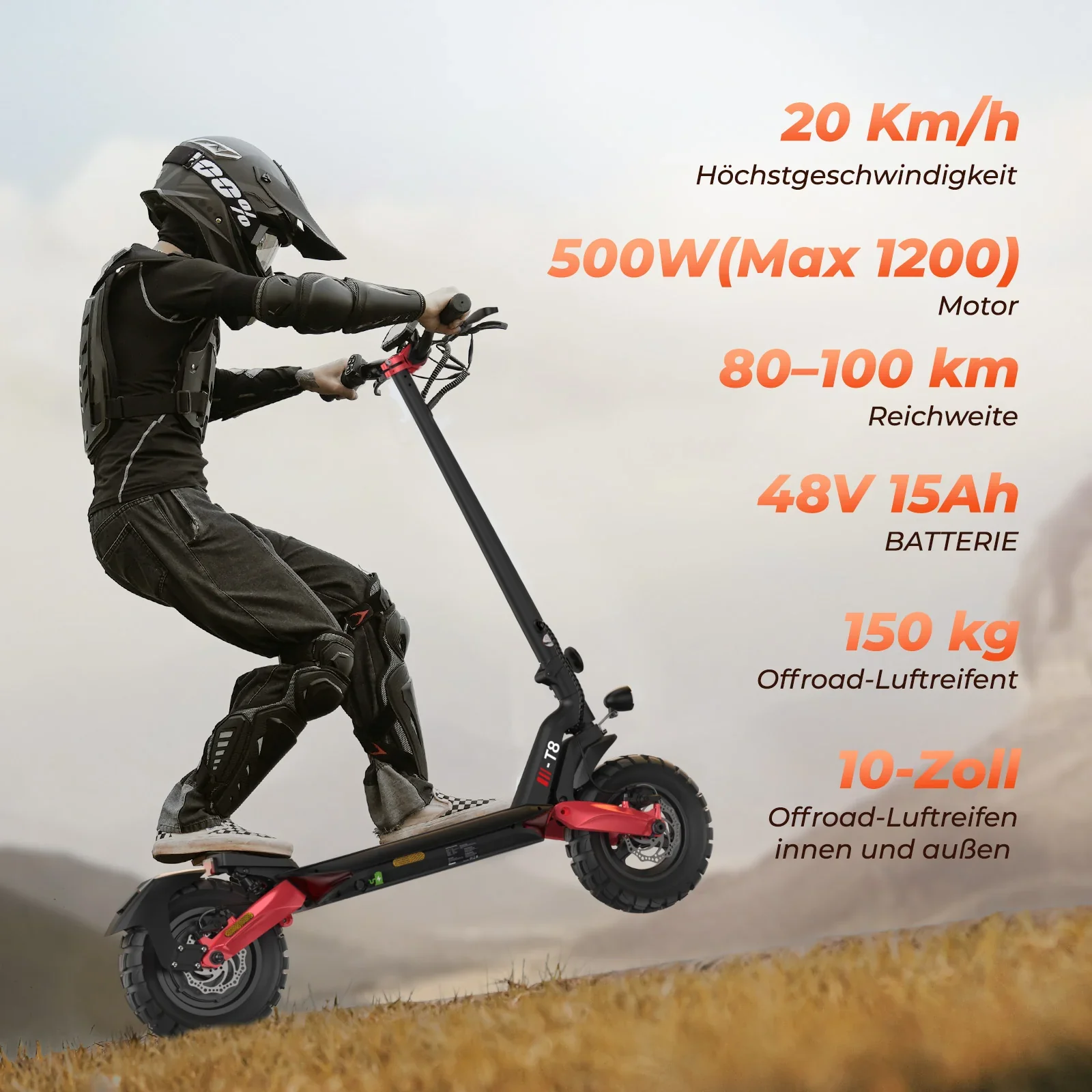 T8 Offroad-E-Scooter Mit Straßenzulassung 1200W Motor 100KM Reichweite (ABE,eKFV)