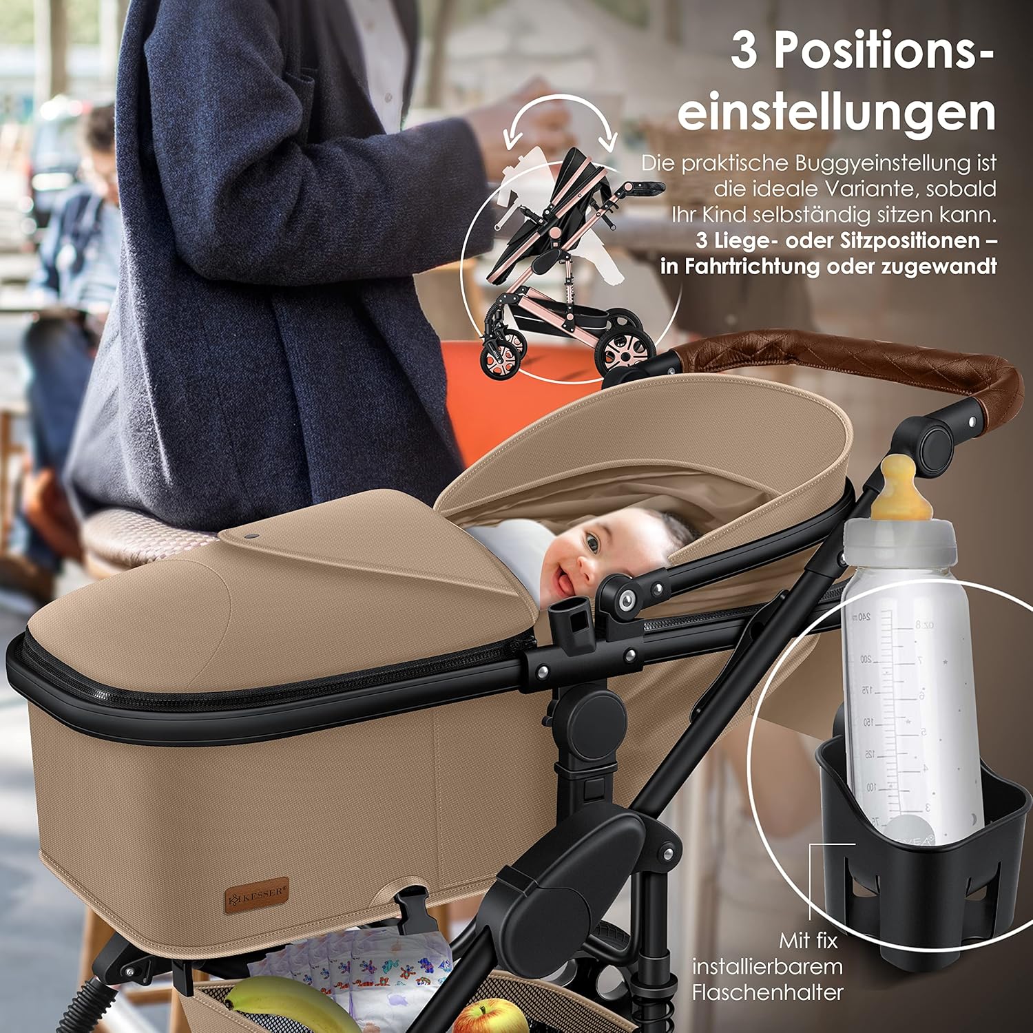 KESSER Loops 3 in 1 Kinderwagen Kombikinderwagen Komplett-Set inkl. Babywanne & Buggy Sportsitz & Auto-Babyschale Voll-Gummireifen Wickeltasche Regenschutz Kindertisch ECE R129, Schwarz/Champagne