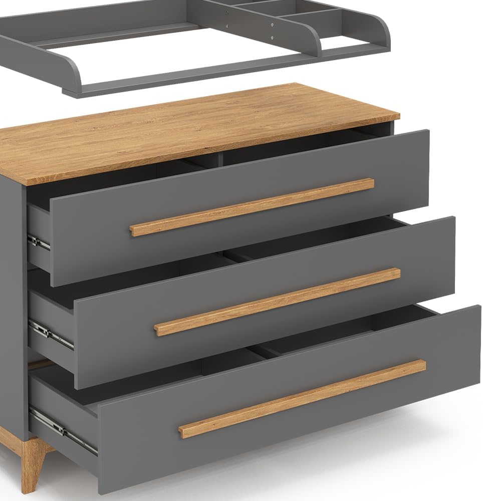 VitaliSpa Wickelkommode Malia, Weiß/Eiche, 133 x 98 cm XL mit 3 Schubladen