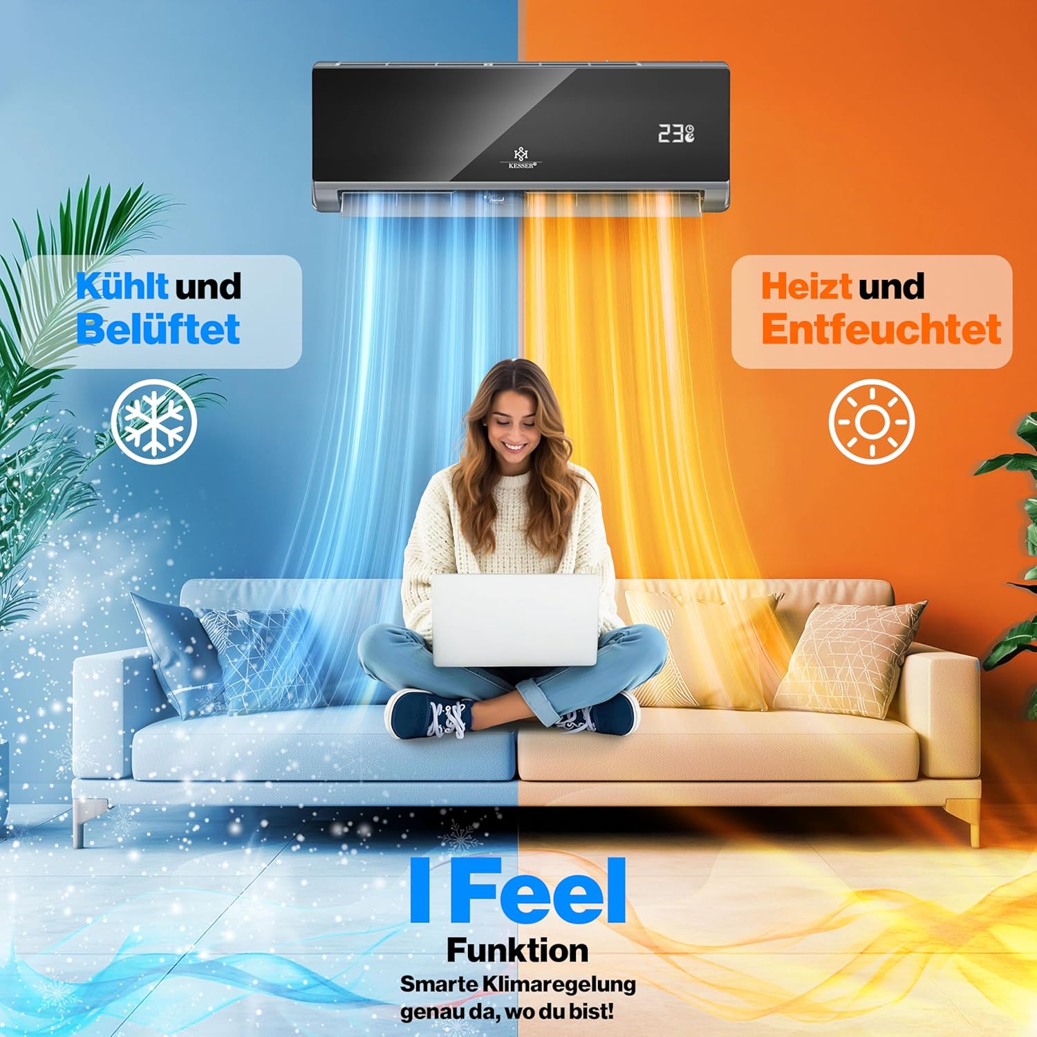 KESSER Klimaanlage Set Split - mit WiFi/App Funktion Klimagerät - Kühlen A++/ Heizen A+ - 9000 BTU/h (2.600 Watt) Kältemittel R32 - Fernbedienung, Timerfunktion - Inkl. komplettem Montagematerial