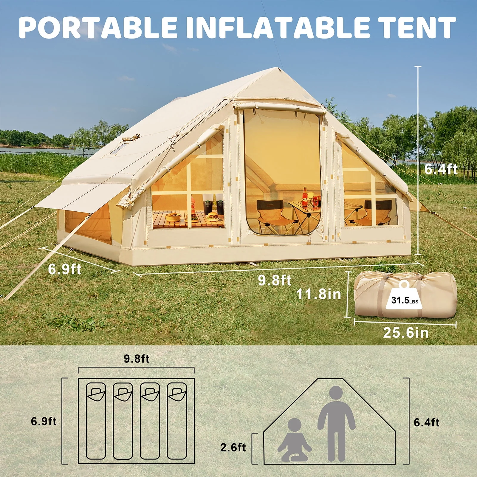 6 Person Inflatable Camping Tent with Pump, 10ft x7ft Glamping Family Tent Easy Setup 4 Season Waterproof Windproof Outdoor Blow Up Tent Luxury Oxford Cabin with Mesh Windows & Doors