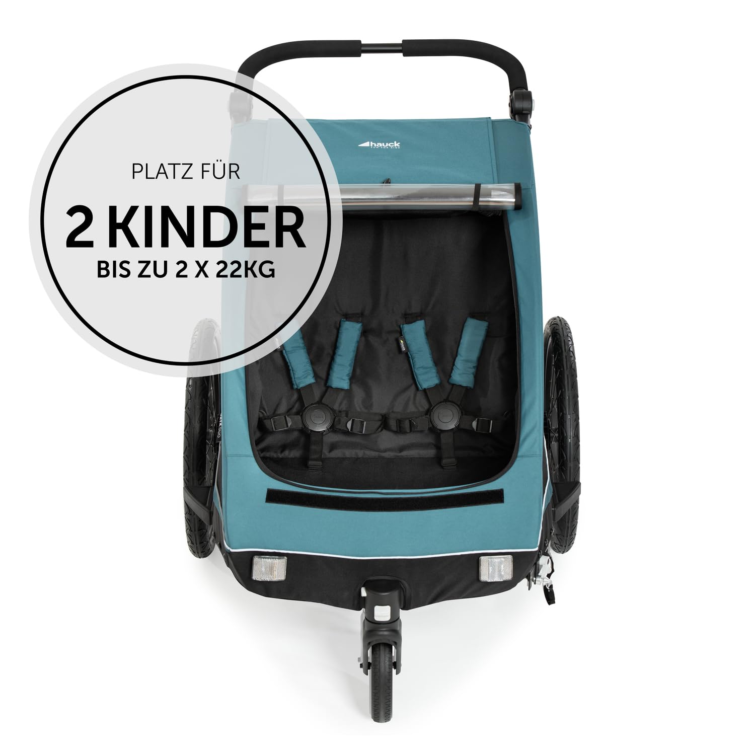 hauck Fahrradanhänger & Kinderwagen Dryk Duo Plus mit Federung, für 2 Kinder (6-48 Monate), inkl. Deichsel, Buggyrad, Fahne und LED Licht, Faltbar, Höhenverstellbar, XL Kofferaum (Dark Green)