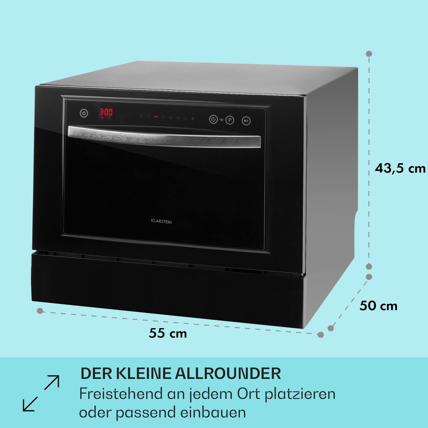 Klarstein ia 8 - Spülmaschine, Geschirrspüler, Freistehend, Teilintegriert, F, 55 cm breit, 8 Maßgedecke, 6 Programme, Aquastop, silber