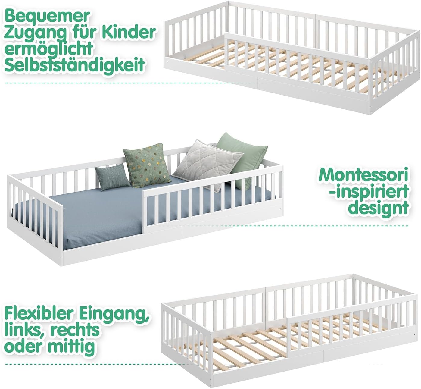 CADANI Timi 2in1 Bodenbett 140x200 cm Montessori Kinderbett mit abnehmbaren Rausfallschutz inkl. Lattenrost, Kiefer Massivholz, weiß - 3 Aufbauvarianten, bis 200 kg belastbar, umbaubar