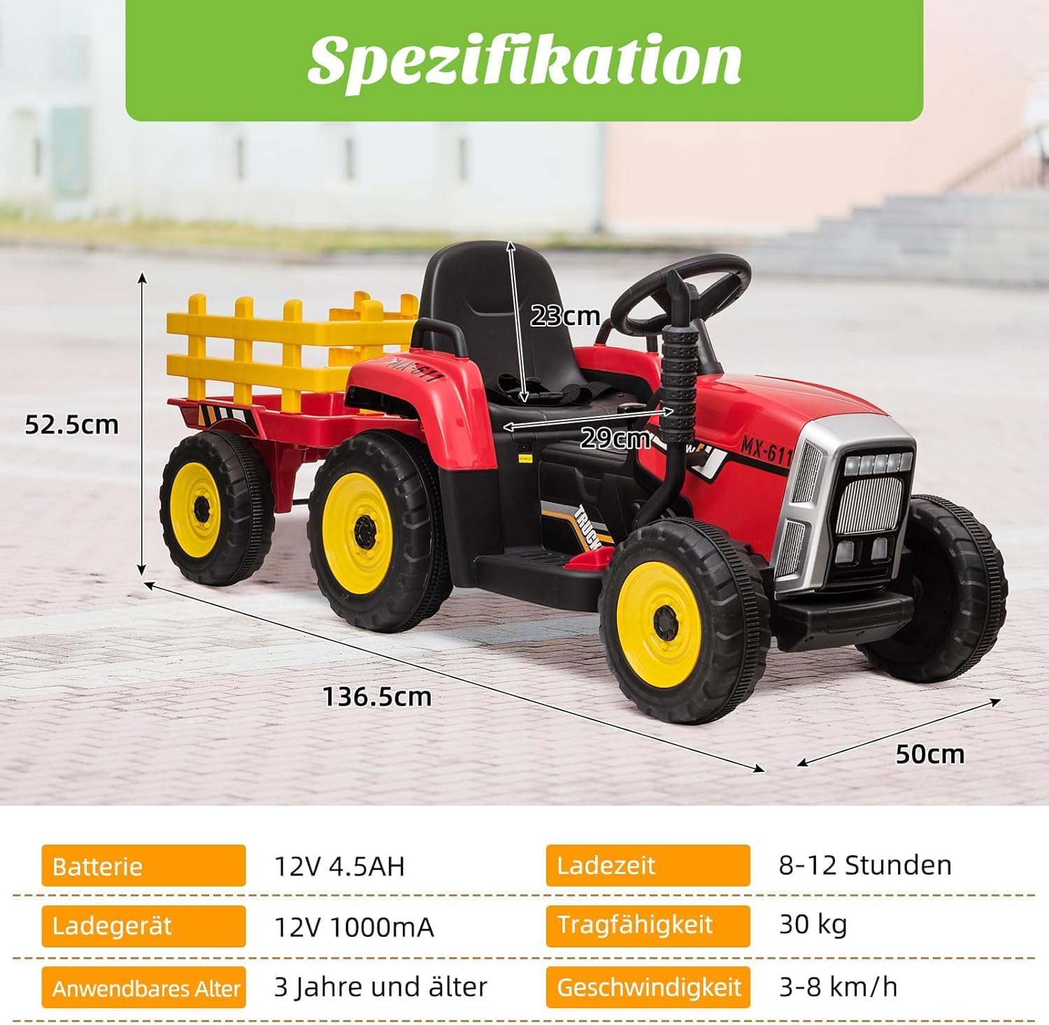HAUSPROFI 12V 3-Gang Kinder Elektroauto mit Anhänger, Elektro Traktor 2 Fahrmodi, 2,4G-Fernbedienung, Kinder Traktor LED-Licht, Bluetooth, Musik, USB, Elektrischer Traktor für kinder ab 3 Jahren, Grün