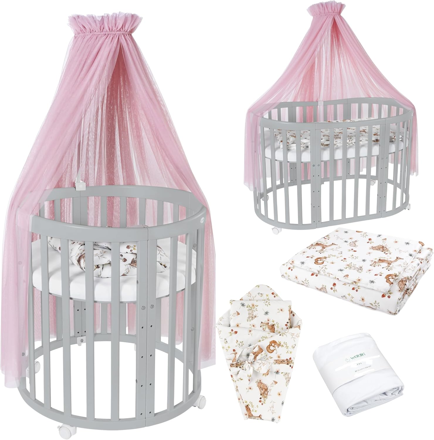 Waldin Oval Baby-Bett Mitwachsend Komplett Set 7in1, Gitterbett, Kinderbett mit Matratze, Wickelkommode, Beistellbett, Holz Weiß