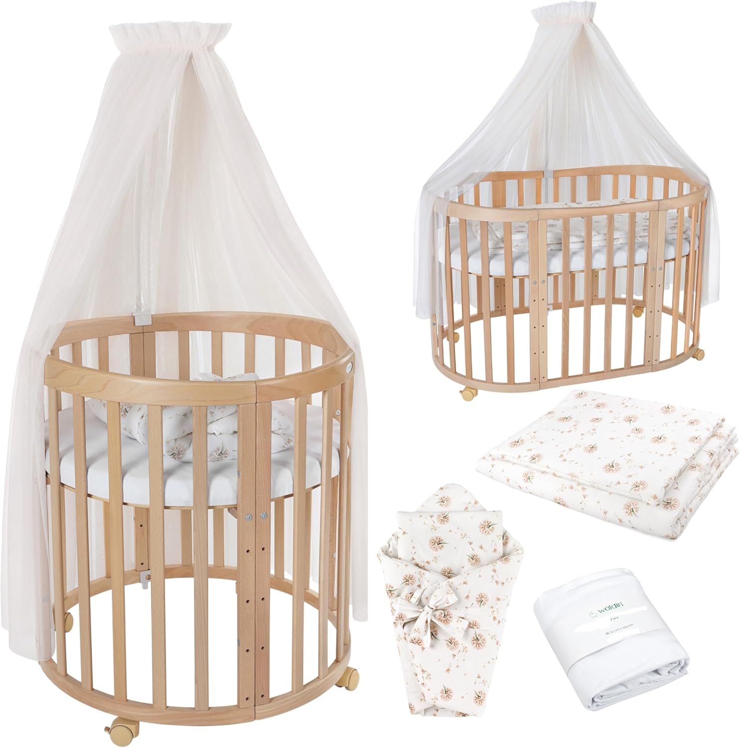 Waldin Oval Baby-Bett Mitwachsend Komplett Set 7in1, Gitterbett, Kinderbett mit Matratze, Wickelkommode, Beistellbett, Holz Weiß
