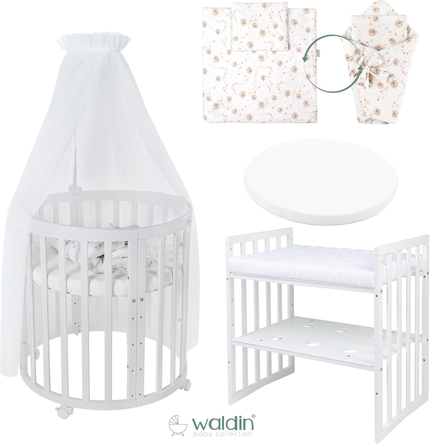 Waldin Oval Baby-Bett Mitwachsend Komplett Set 7in1, Gitterbett, Kinderbett mit Matratze, Wickelkommode, Beistellbett, Holz Weiß