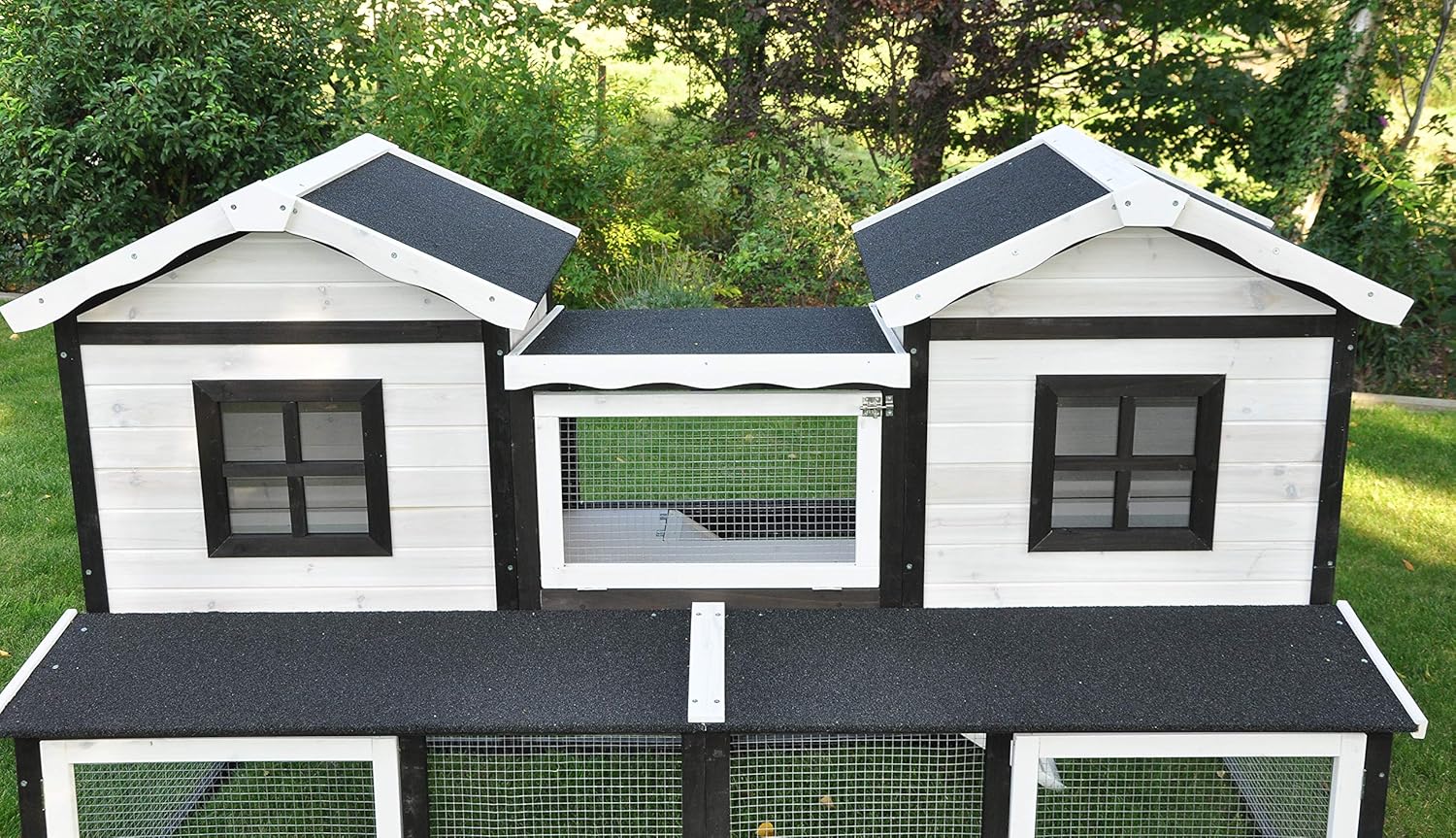 nanook Premium Hasenstall Kleintierstall Kaninchenstall XXL groß artgerecht mit Freilauf Gehege ideal für draußen 197 x 85 x 112 cm - braun weiß - 2 Ebenen