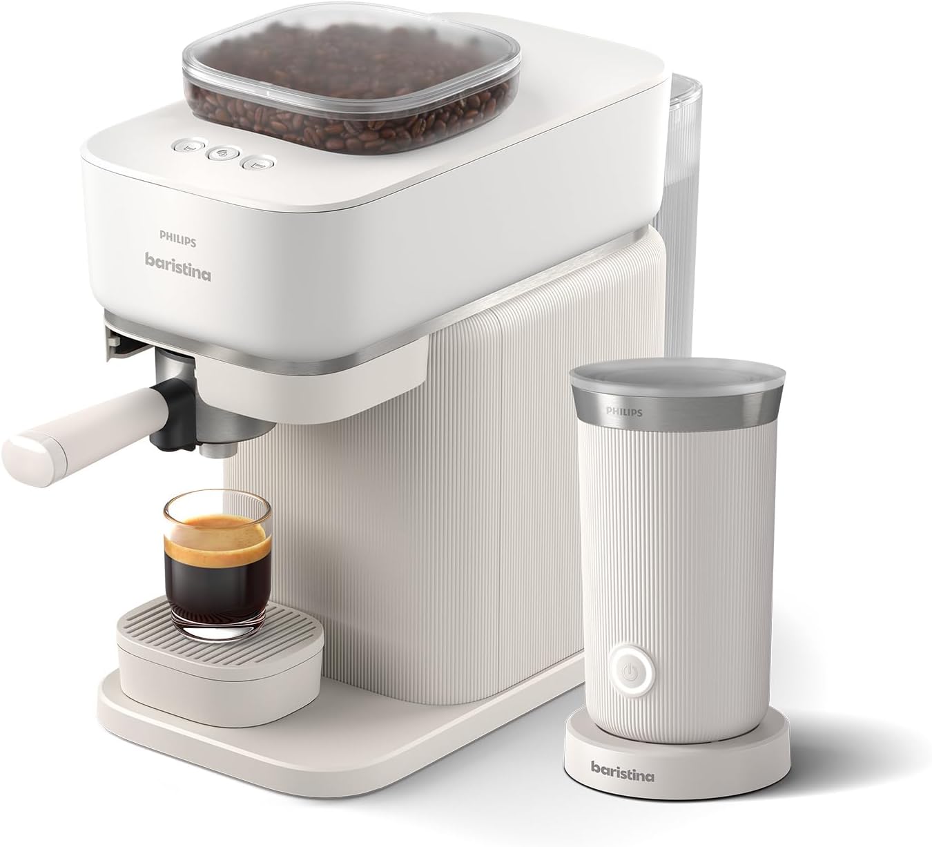 Philips Baristina Espressomaschine - Real Espresso- made simple. Kompakte Kaffeemaschine- Naturweiß mit weißem Siebträger- 16-bar-Pumpendruck- automatisches Mahlwerk- Cafe Crema (BAR300/00)