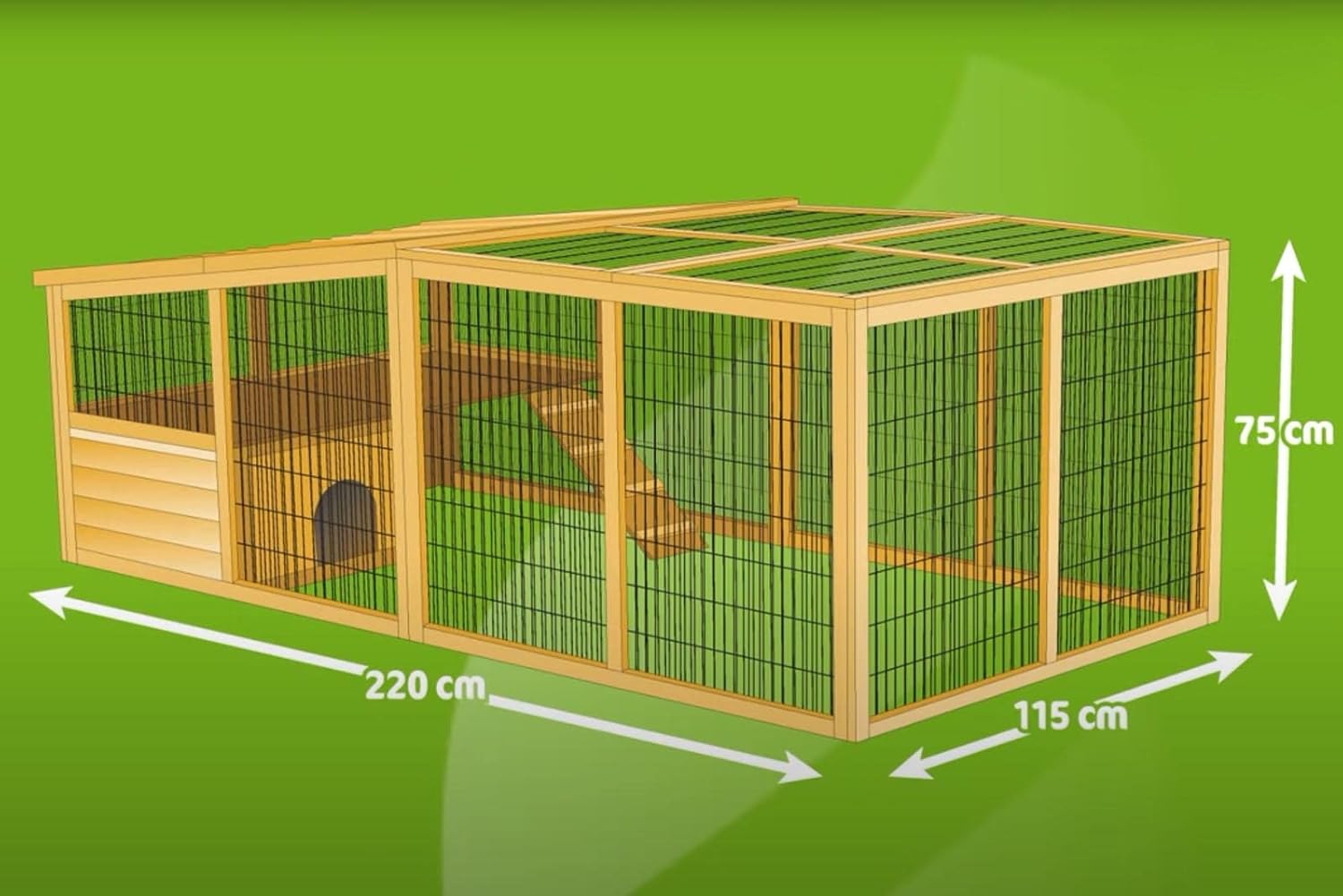 Kerbl Freigehege mit Ausbruchsperre (Gitterabstand 2,5 cm, überdachter Auslauf, mit Kunststoffdach, inkl. Kleintierhaus + Aussichtsplattform) 81708