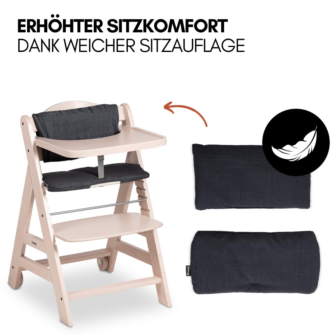 hauck Hochstuhl Beta+ Newborn Set Premium Dark Grey - Babyhochstuhl Set ab Geburt mit Neugeborenen Aufsatz Bouncer, Sitzpolster und Essbrett - Dark Grey