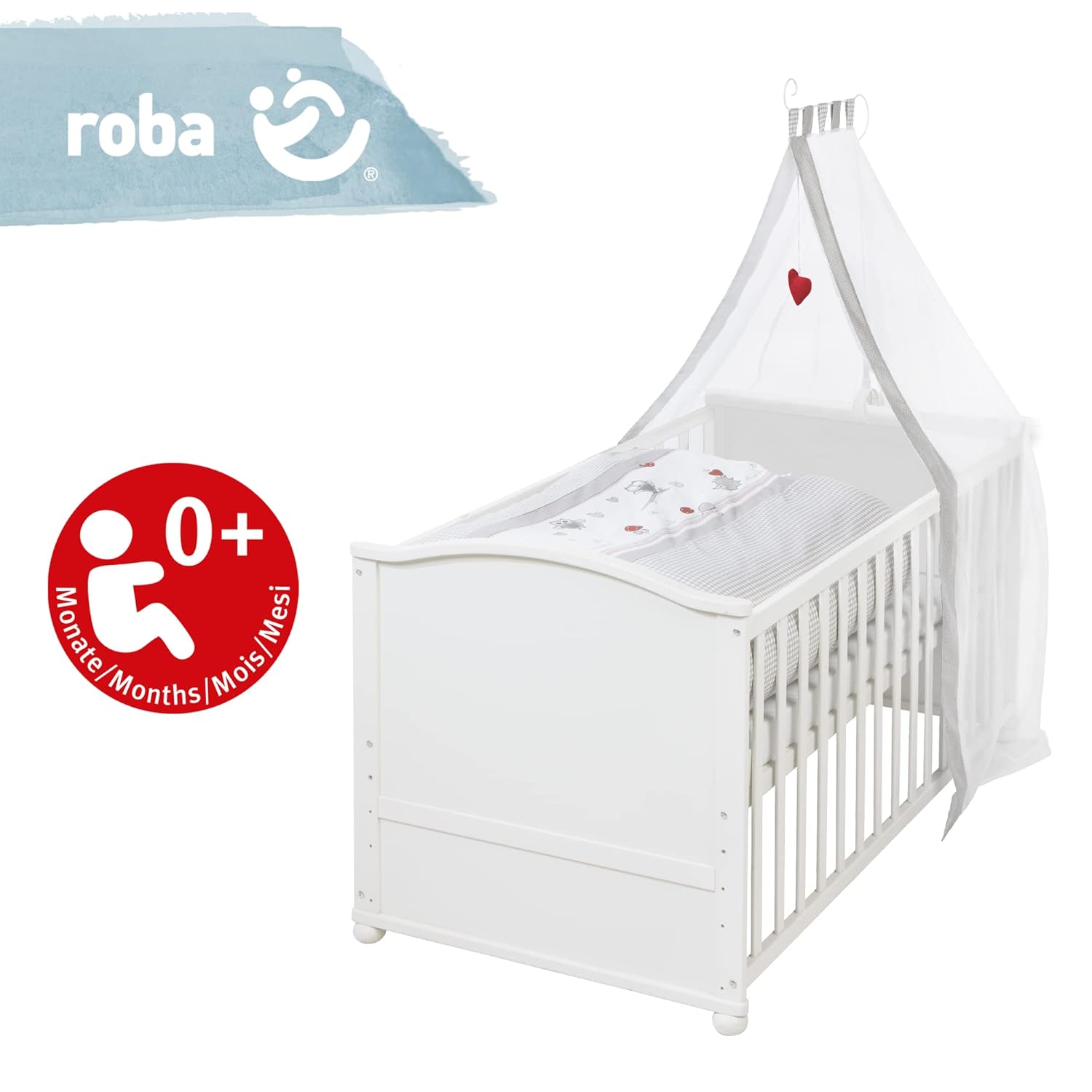 roba Babybett Set Adam & Eule - 70 x 140 cm - Mitwachsendes Kinderbett mit Bettwäsche, Himmel, Matratze - Höhenverstellbar - zu Juniorbett umbaubar - Holz weiß