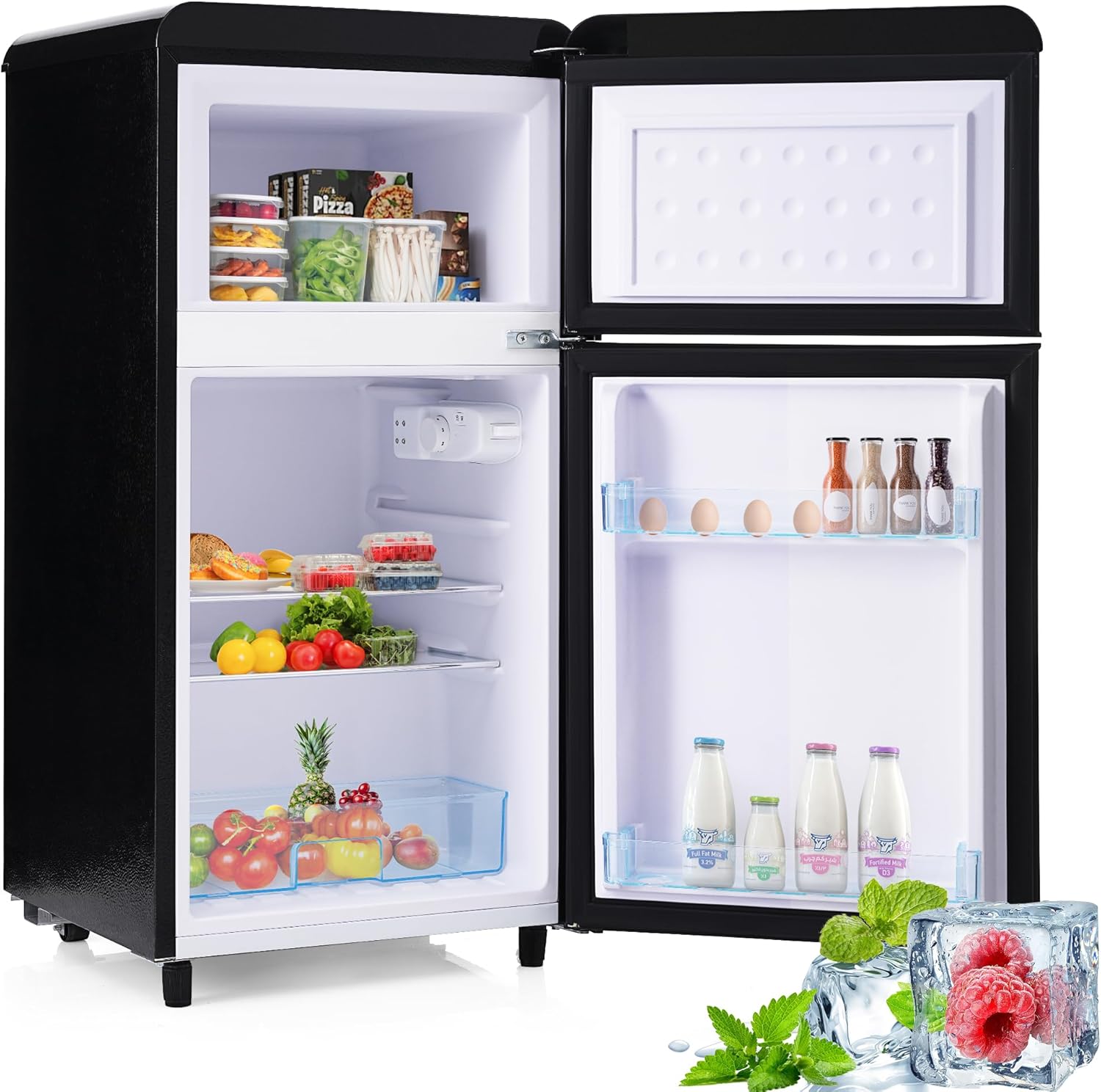 Merax Kühlschrank mit Gefrierfach, Kühl-Gefrierkombination, klein Kühlschrank mit 51L und Gefrierschrank 21L, Leise, LED, Glasablagen, Gemüsefach, Türablagen, für Küche, Wohnzimmer, Büro, Schwarz