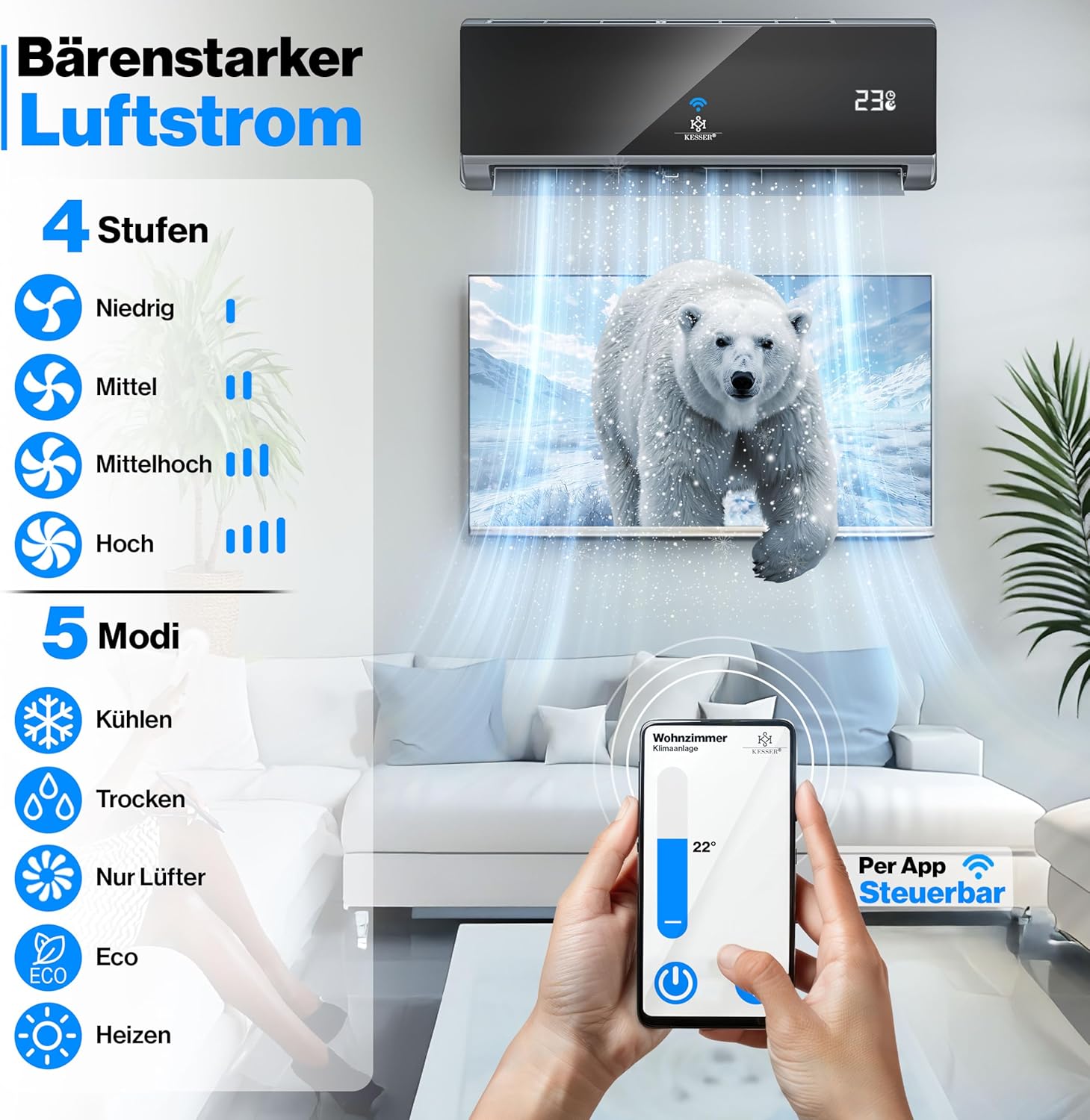 KESSER Klimaanlage Set Split - mit WiFi/App Funktion Klimagerät - Kühlen A++/ Heizen A+ - 9000 BTU/h (2.600 Watt) Kältemittel R32 - Fernbedienung, Timerfunktion - Inkl. komplettem Montagematerial