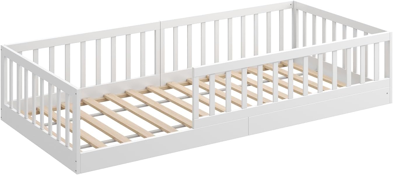 CADANI Timi 2in1 Bodenbett 140x200 cm Montessori Kinderbett mit abnehmbaren Rausfallschutz inkl. Lattenrost, Kiefer Massivholz, weiß - 3 Aufbauvarianten, bis 200 kg belastbar, umbaubar