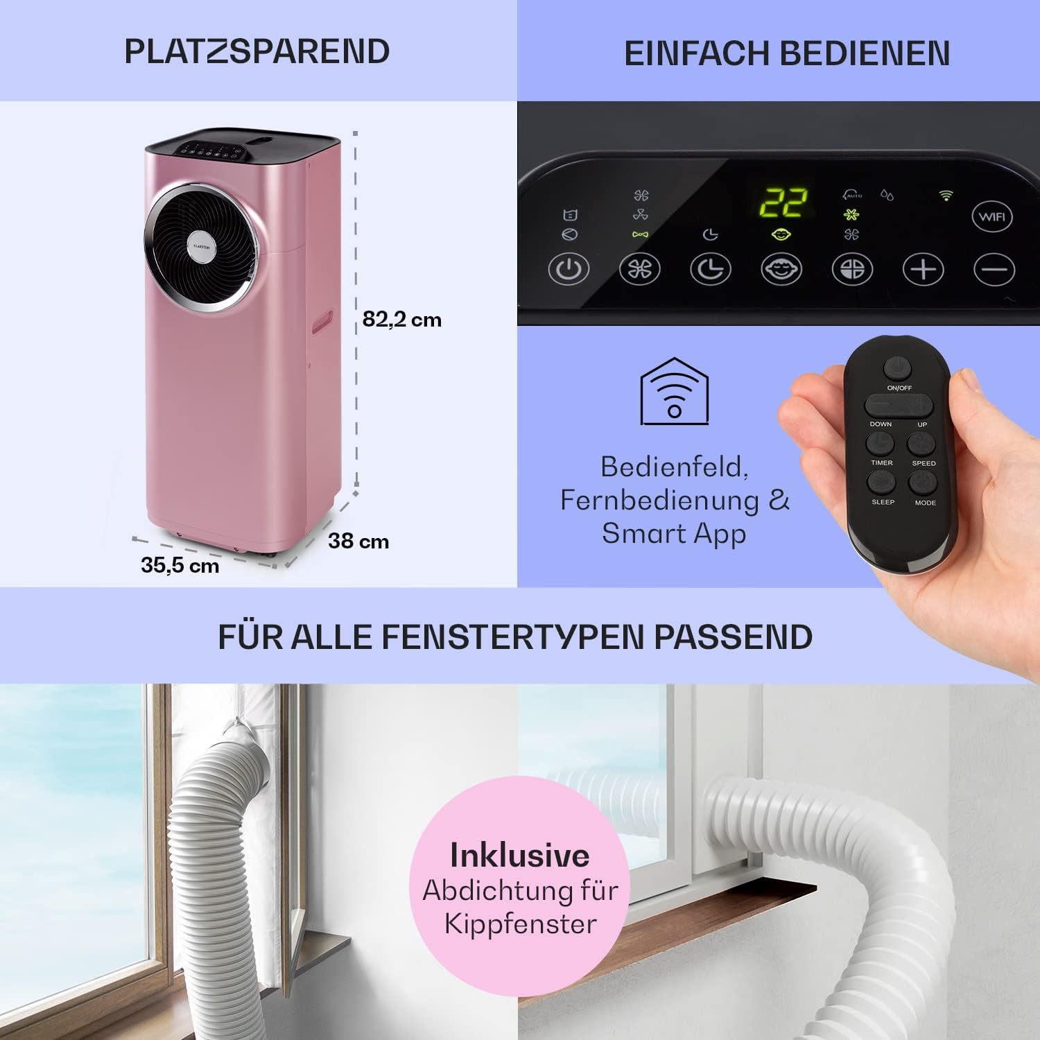 Klarstein Mobile Klimaanlage mit Abluftschlauch, 5-in-1 Klimagerät, Ventilator, Luftentfeuchter, Luftreiniger & Nachtmodus, App-Steuerung, Kleine & Portable, für Wohnung & Büro, 12000 BTU
