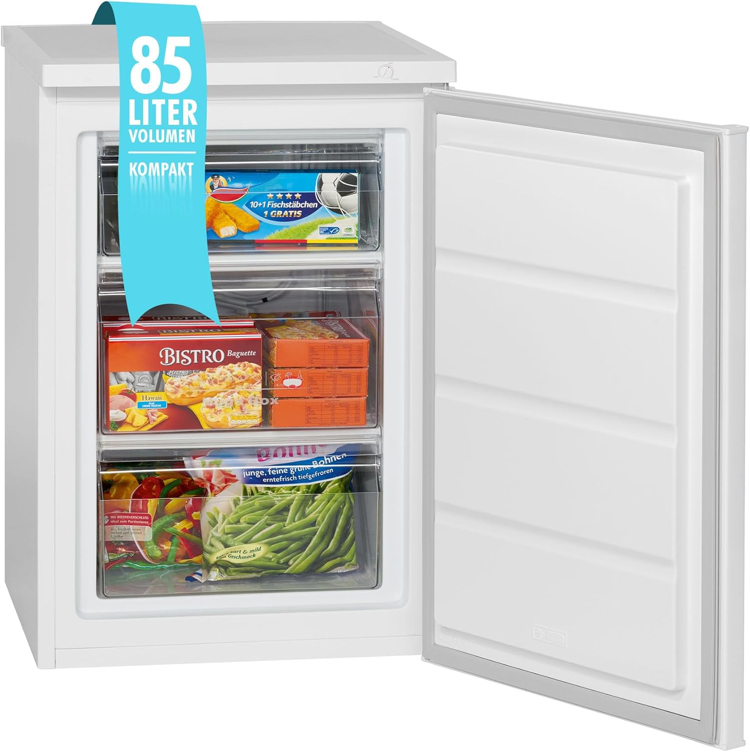 Bomann® Gefrierschrank | 85 Liter Nutzinhalt | Gefrierschrank klein mit 3 Gefrierschubladen u. Eiswürfelschale | Mini Fridge mit stufenloser Temperaturreglung | Türanschlag wechselbar | GS 2186.1 weiß